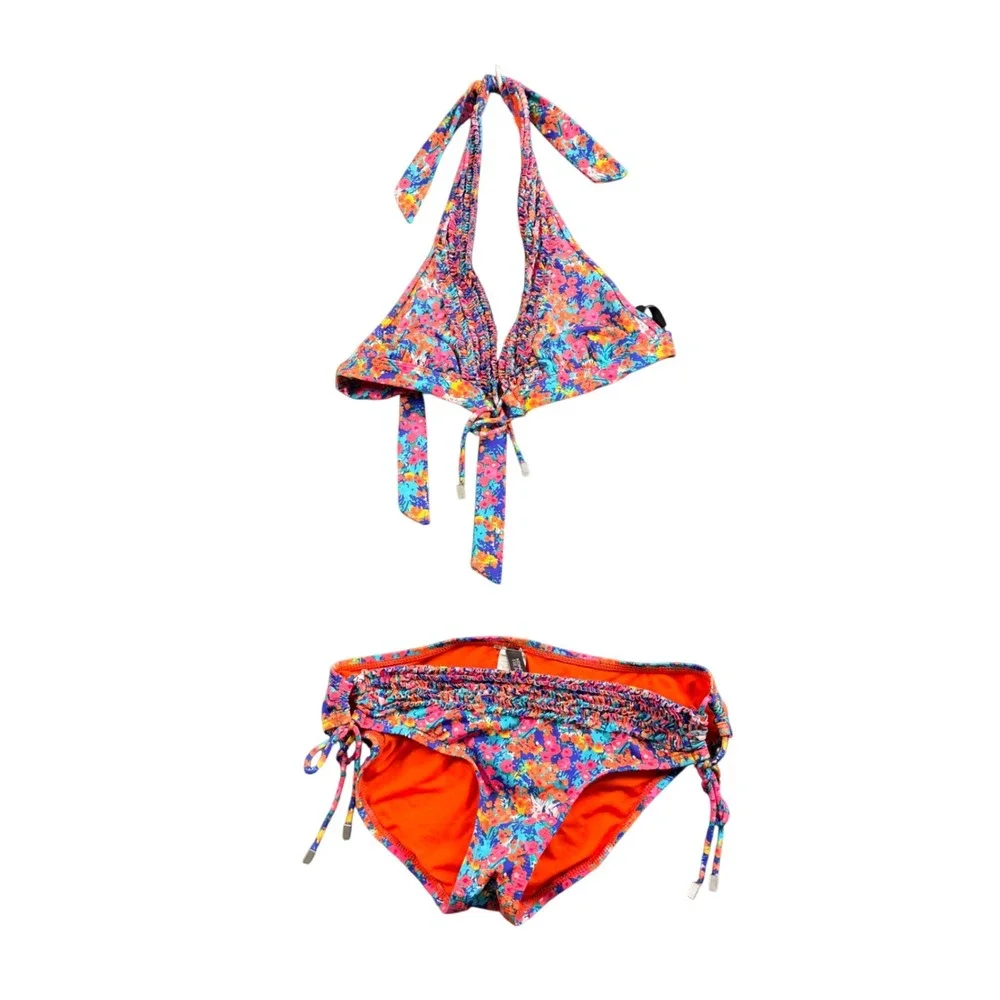 Kenneth Cole Reaction Floral Ruffle Bikini Set Halter 2pc M‎ Y2K